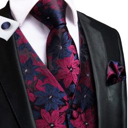 Vests HiTie Fashion Men's Vest Suit Blue Red Silk Paisley Woven High Quality Solid Waistcoat Vest for Men Pocket Hanky Cufflinks Set