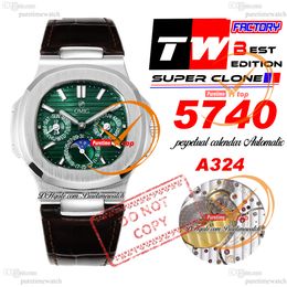 5740 Perpetual Calendar A324SC Automatic Mens Watch TWF Green Texture Stick Dial Brown Leather Strap Super Edition Reloj Hombre Puretimewatch PTPP