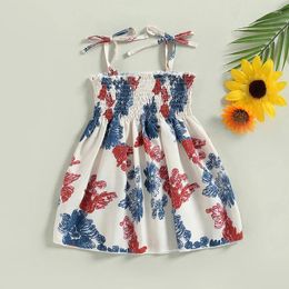 Girl Dresses Summer Baby Girls Spaghetti Strap Sling Dress Floral Sleeveless Lovely Tie-Up Princess Party Ruched Kids Clothes