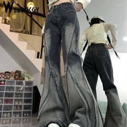 Women's Jeans Women 2024 Spring Autumn Fashion Vintage High Street Gradient American Retro Waist Ruffled Flared Denim Pants