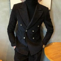 Suits 2023 Men's Doublebreasted Black Corduroy Suits Wide Piece Peak Lapel Formal Wedding Tuxedo Men Jacket Only Without Pant
