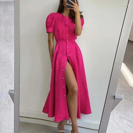 Casual Dresses Summer Women O-Neck Puff Short Sleeve Office Dress Faux Pearls Buttons Placket High Waist Split Hem Shirt