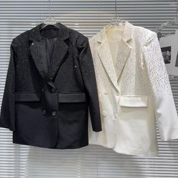 Women's Suits 2024 Spring Luxury Shiny Rhinestone Blazer For Women Fashion Padded Shoulder Business Suit Tailored Coat White Black