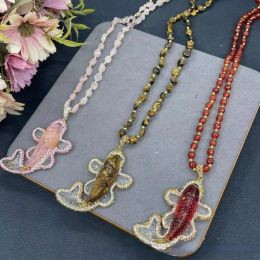 New Natural Red Turquoise With Natural Stone Goldfish Sweater Chain Personality Design Retro Necklace Women Fashion Accessories