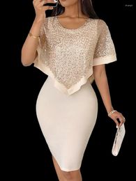 Party Dresses Women Elegant Cloak Sleeve Contrast Sequin Slit Bodycon Dress