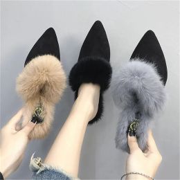 Slippers Autumn New Sexy Mules Women's Half Slippers Korean Fashion High Heel Shoes Wearing Hairy Pointed Baotou Furry Plush Slippers