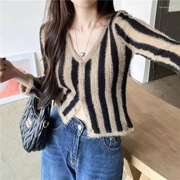 Women's Knits Casual Striped Cardigans Women V Neck Slimming Knitted Cardigan Crop Top Korean Fashion Long Sleeve Tops Knitwear