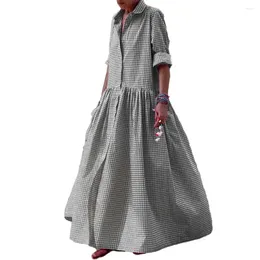 Casual Dresses Maxi Dress Plaid Print A-line For Women Long Sleeve Fall Spring With Single-breasted Pleated Loose Design Big