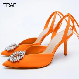 Boots Traf Rhinestone Heels Women Strappy Sandals Female Pumps Summer High Heels 2023 Lace Up Heels Stiletto Slingback Shoes on Heels