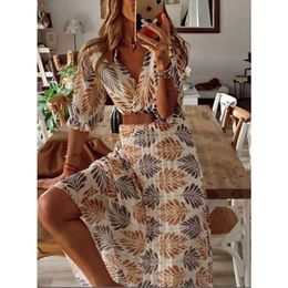 Summer Womens New V-neck Printed Folding Holiday Long Dress with Large Swing