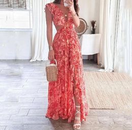 Casual Dresses Fashion For Women Printed Hollow Out Backless Ruffles Deep V-Ncek Lace Pleated Sleeveless Irregular Hem Split Maxi Dress