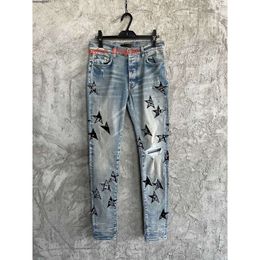 Designer Mens Jeans with Holes Loose Fitting Slimming Splashed Ink Casual Denim Pants Hip-hop Handmade Nail Drill