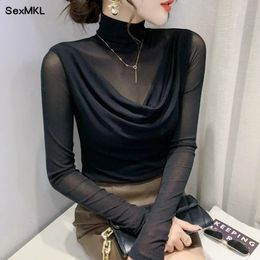 Sexy Mesh Basic T-shirts Women Fashion Turtleneck Casual Long Sleeve Y2k Tops Korean Clothes Woman Black Winter T Shirt 4XL 240312