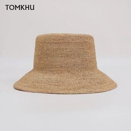 Summer Handmade Raffia Straw Wide Brim Bucket Hats Women Fashion Casual Sun Hat Foldable Flat Top Straw Hats Vacation Beach Hat 240314