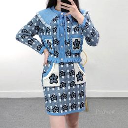 Work Dresses Crop Top And Skirt 2024 2 Piece Set Women Contrast Color Flower Jacquard Knitted Cardigan Sweater Mini Suit Outfit