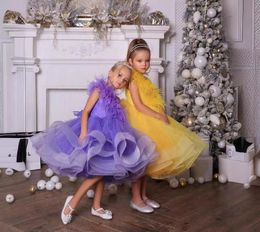 One-shoulder Knee-length Tulle Flower Girls' Dresses Sleeveless Ball Gown Kids Formal Wear With Feather