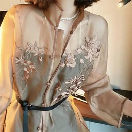 Women's T Shirts Spring Fall Women Embroidery Chinese Style Stand Collar Long Top Shirt Woman Clothing Vintage Organza Tops