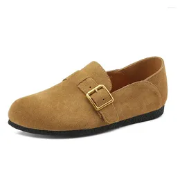 Casual Shoes Nature Suede Women Loafers Fashion Spring Autumn Flat Brown Black Beige Leather Ladies Round Toe Buckle