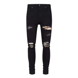 Designer Brand Men's Black Slim Fit Jeans Knee Waist Flower Patch Summer New Light Blue Trend