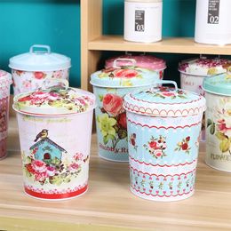 Vintage Flower Round Bucket Candy Jar with Lid Tin Finishing Storage Tank Metal Storage Case Organiser Snack Biscuits Coffee Box 240307