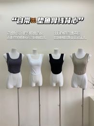 Tops Summer Women Korean Fashion Solid Color Bodycon Vest Simple Stretch Sleeveless Crop Tops With Chest Pad Streetwear Sexy Hot Cozy