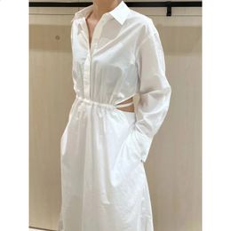 IOO 2023 Spring Slim Fit Waist Hollow Shrink Pleated Dress White Comfortable Wearing Simple Fashion 240306