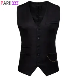 Vests Mens Gentleman Formal Slim Fit Single Breasted Black Dress Suit Vests 2023 Fashion Chain Decoration Men Vest Waistcoat Gilet 2XL