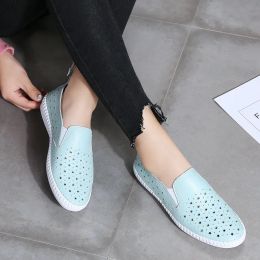 Boots Women Flat Shoes Casual Summer White Comfortable Hole Slip on Footwear Breathable Leather Women Loafers Shoes mocasines de mujer