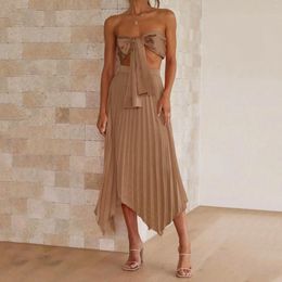 Casual Dresses Summer Solid Color Chest Bandage Sleeveless Tops And High Waist Loose Skirt Set Crop Top 2 Piece Two Sexy Dress Suit