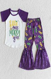 Whole Baby Girl Clothes Mardi Gras Kids Sets Fashion Toddler Girls Clothes Cute Short Sleeve Sequins Bell Bottom Pant Spring C2039107