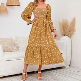 Casual Dresses Fashion Autumn Winter Small Floral Dress Square Neck Chiffon Long Sleeve Pleated Elastic Vestidos Para Mujer