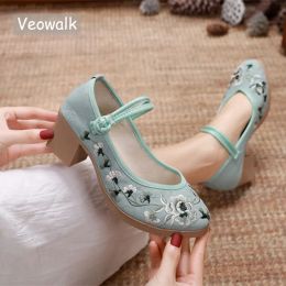 Boots Veowalk 6cm Mid Block Heel Women Soft Jacquard Embroidered Pumps Retro Ankle Strap Ladies Casual Comfortable Chinese Style Shoes