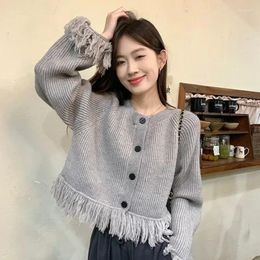 Women's Knits Sweater Round O Neck Knit Tops For Woman Cardigan Short Crop Grey Y2k Vintage Sale Tall Korean Luxury Modern