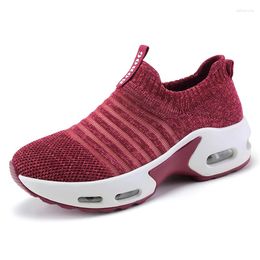 Walking Shoes Women Tennis Red Mesh Height-increasing Slip-on Female Sock Footwear Outdoor Sneakers Thick Bottom Platforms