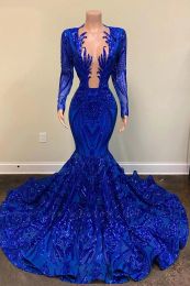 Stunning Blue Sequined Lace Mermaid Prom Dresses Vintage Long Sleeve Sexy Plunging V Neck Formal Ocn Evening Gowns Junior Graduation Wears Bc12646