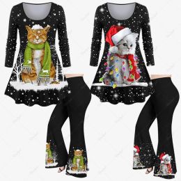 Suits 2023 New Christmas Snowflake Tree Scarf Hat Cat Glitter 3D Print Tshirt Or Flare Pants Daily Casual Festival Matching Set XS6X