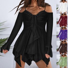 Casual Dresses 2024 Dress For Women Ruffled Layered Flowy Cold Shoulder Swing Mini Summer Solid Beach Sundress Vestidos