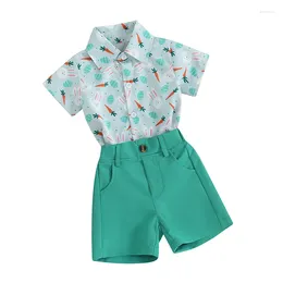 Clothing Sets Toddler Boy Easter 2Pcs Outfit Cartoon Print Short Sleeve Button Down Shirt With Solid Colour Shorts