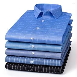 Men's Dress Shirts Stretch Anti-Wrinkle Stripe Long Sleeve For Plaid Men Slim Fit Social Business Blouse Shirt S-6XL
