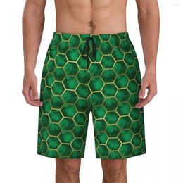 Men's Shorts Bathing Suit Green Metallic Print Board Summer Gold Honeycomb Casual Beach Men Running Breathable Trunks