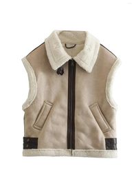 Outerwear Plus Size Women's Clothing Sleeveless Woolen Jacket Zippered Sherpa Vest With Leather Patch On Collar And Hem Autumn Winter