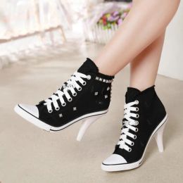 Boots Women Canvas Shoes Denim High Heels Rivets Shoes Fashion Shoe Laces Sneakers Women Short Women's Pumps black blue