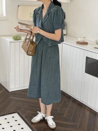 Work Dresses Gentle Women Denim Suits V-neck Bubble Sleeves Top And Elastic Waist Mid-Calf Skirt 2024 Summer Female Casual Two Piece Sets