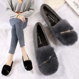 Boots 2022 Celebrity Butterflyknot Fur Shoes Women Winter Warm Plush Loafers Fleeces Flats Woman Lambswool Moccasins Plus Size 3444