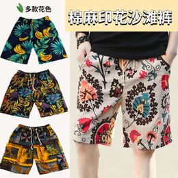 Summer Capris Mens Oversized Beach Pants Patterned Cotton and Linen Printed Casual Quick Drying Shorts Home Flared