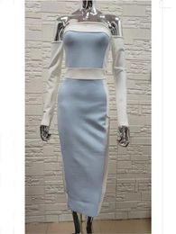 Stage Wear White Contrasting Light Blue One Line Collar Shoulder Bag Hip Bandage Sexy And Elegant Banquet Dress