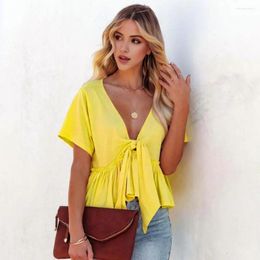 Women's Blouses Women Summer Tops V-Neck Short Sleeve Solid Colour Casual Shirt Knot Design Ruffle Hem Loose Fit Tee Shirts &