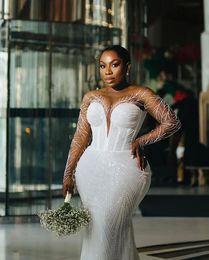 Arabo Aso Ebi Perle di lusso che bordano Abito da sposa a sirena Manica lunga Lace Up Tulle Plus Size Abito da sposa Abiti da sposa