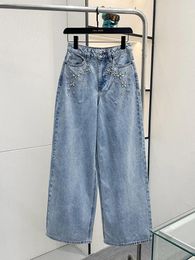 Women's Jeans Women Rhinestone Decoration High Waist Wide Leg Pants 2024 Spring Ladies Loose Denim Long