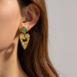 Dangle Earrings Punk Exquisite Green Crystal Stud Gold Colour Textured Hollow Heart For Women Stainless Steel Waterproof Jewellery